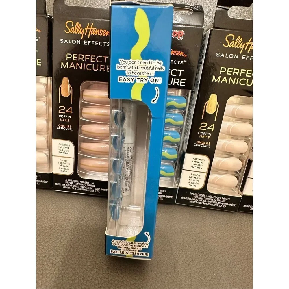 Sally Hansen Ring Pop Green and Blue and French Tip Coffin Shape Nails New